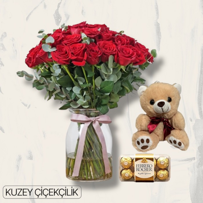 Vazoda 41 Kırmızı Gül Ayıcık 16lı Ferrero Çikolata