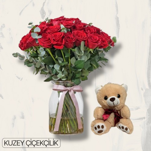 Vazoda 41 Kırmızı Gül Ayıcık