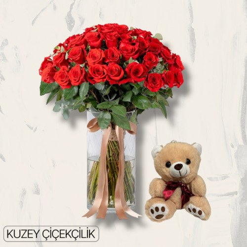 Vazoda 71 Kırmızı Gül Ayıcık