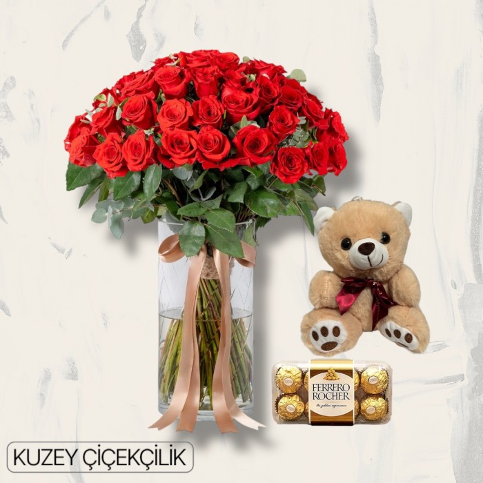 Vazoda 71 Kırmızı Gül Ayıcık 16lı Ferrero Çikolata