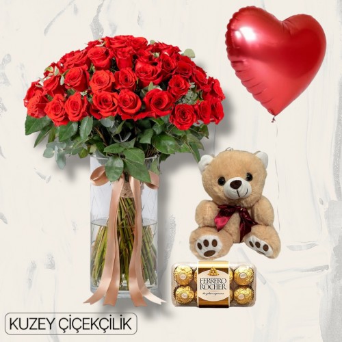 Vazoda 71 Kırmızı Gül Ayıcık 16'lı Ferrero Çikolata Kalp Helyum Balon