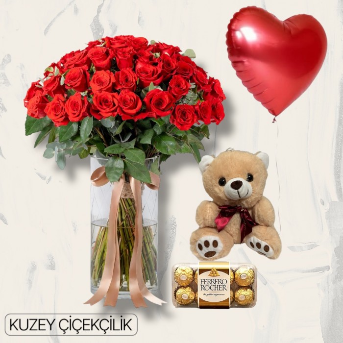 Vazoda 71 Kırmızı Gül Ayıcık 16lı Ferrero Çikolata Kalp Helyum Balon