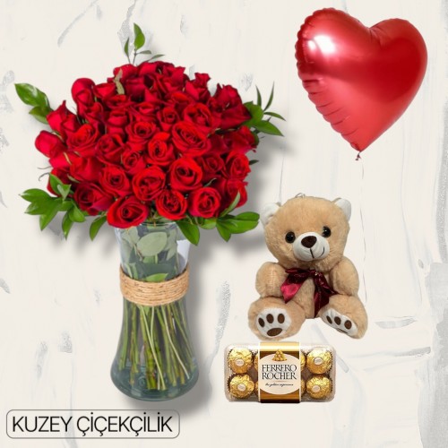Vazoda 51 Kırmızı Gül Ayıcık 16'lı Ferrero Çikolata Kalp Helyum Balon