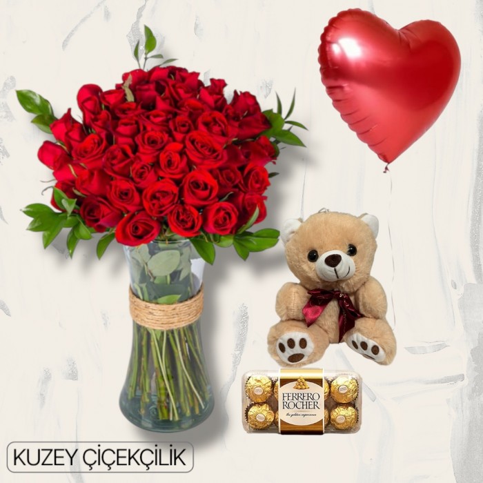 Vazoda 51 Kırmızı Gül Ayıcık 16lı Ferrero Çikolata Kalp Helyum Balon