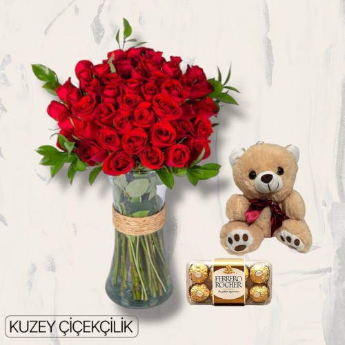 Vazoda 51 Kırmızı Gül Ayıcık 16'lı Ferrero Çikolata