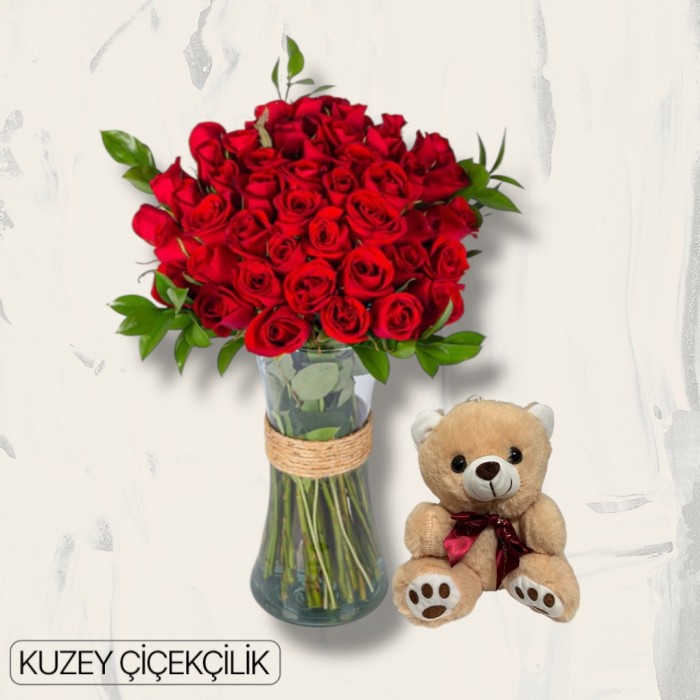 Vazoda 51 Kırmızı Gül Ayıcık