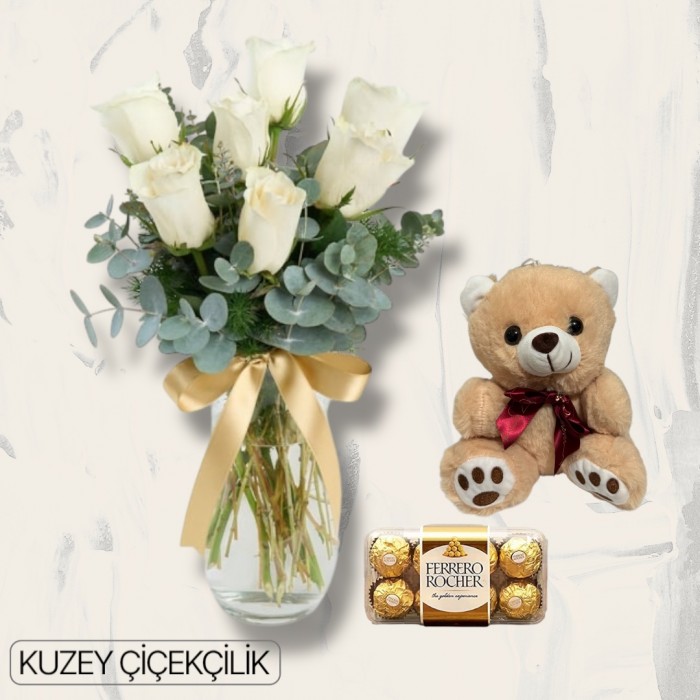 Vazoda 7 Beyaz Gül Ayıcık 16lı Ferrero Çikolata