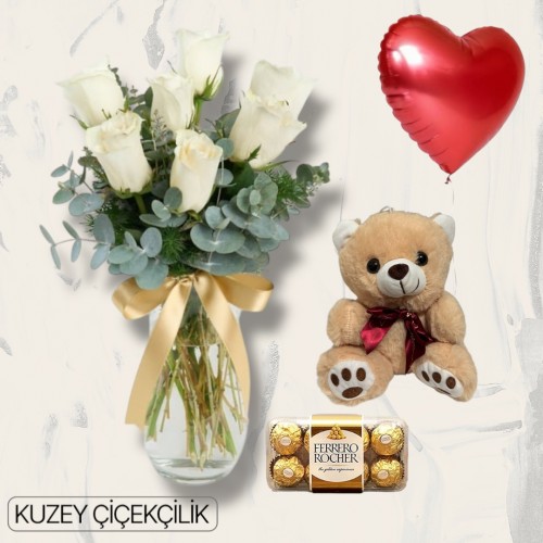 Vazoda 7 Beyaz Gül Ayıcık 16'lı Ferrero Çikolata Kalp Helyum Balon