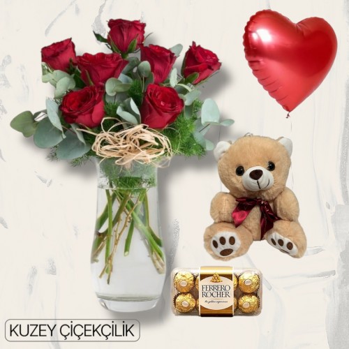 Vazoda 7 Kırmızı Gül Ayıcık 16'lı Ferrero Çikolata Kalp Helyum Balon