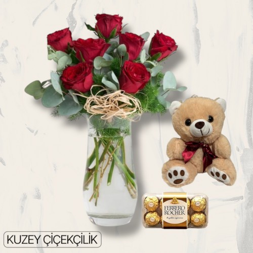 Vazoda 7 Kırmızı Gül Ayıcık 16'lı Ferrero Çikolata