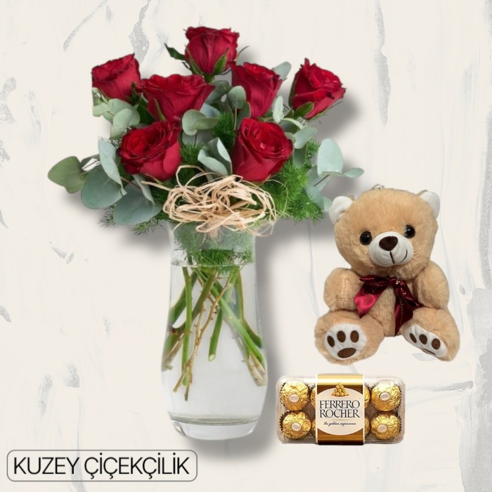 Vazoda 7 Kırmızı Gül Ayıcık 16lı Ferrero Çikolata