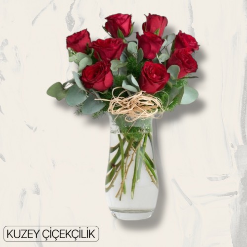 Vazoda 9 Kırmızı Gül