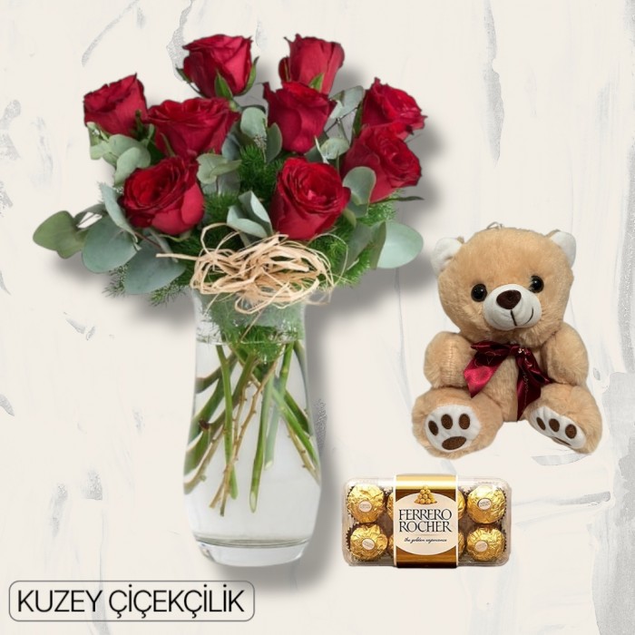 Vazoda 9 Kırmızı Gül Ayıcık 16lı Ferrero Çikolata