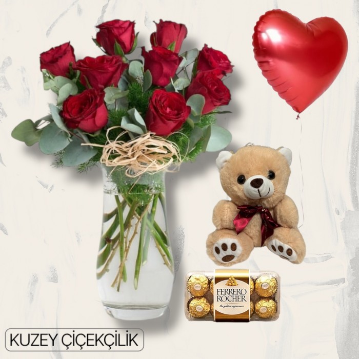Vazoda 9 Kırmızı Gül Ayıcık 16lı Ferrero Çikolata Kalp Helyum Balon