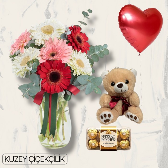 Vazoda Gerbera Ayıcık 16lı Ferrero Çikolata Kalp Helyum Balon