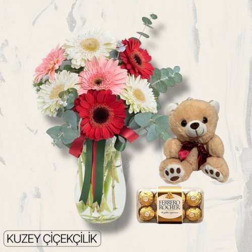 Vazoda Gerbera Ayıcık 16'lı Ferrero Çikolata