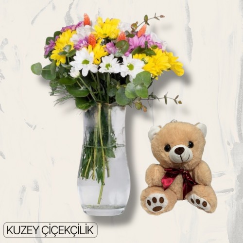 Vazoda Karışık Çiçek Ayıcık 