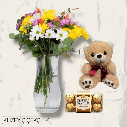 Vazoda Karışık Çiçek Ayıcık 16'lı Ferrero Çikolata