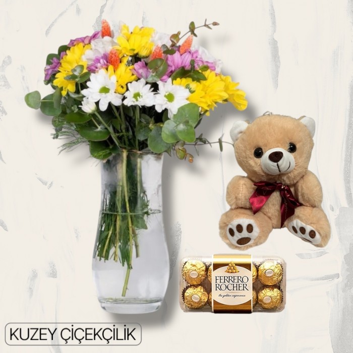 Vazoda Karışık Çiçek Ayıcık 16lı Ferrero Çikolata