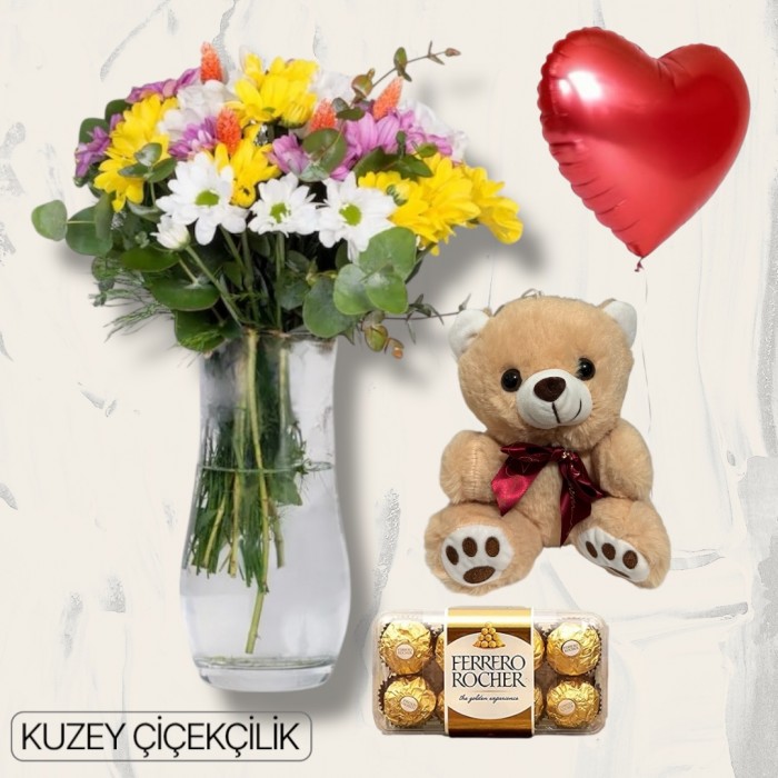Vazoda Karışık Çiçek Ayıcık 16lı Ferrero Çikolata Kalp Helyum Balon