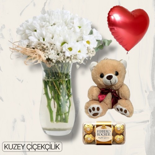 Vazoda Papatya Ayıcık 16'lı Ferrero Çikolata Kalp Helyum Balon