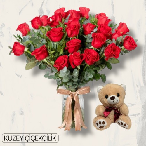 Vazoda 27 Kırmızı Gül Ayıcık
