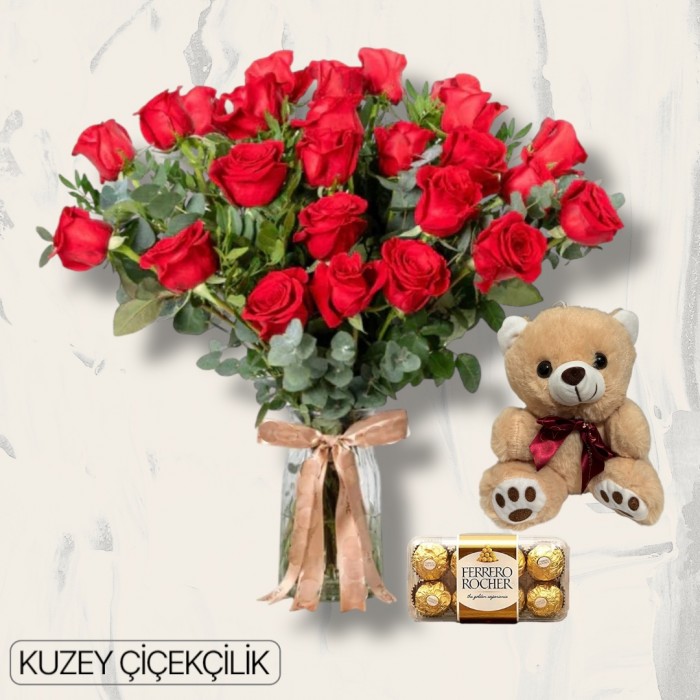 Vazoda 27 Kırmızı Gül Ayıcık 16lı Ferrero Çikolata