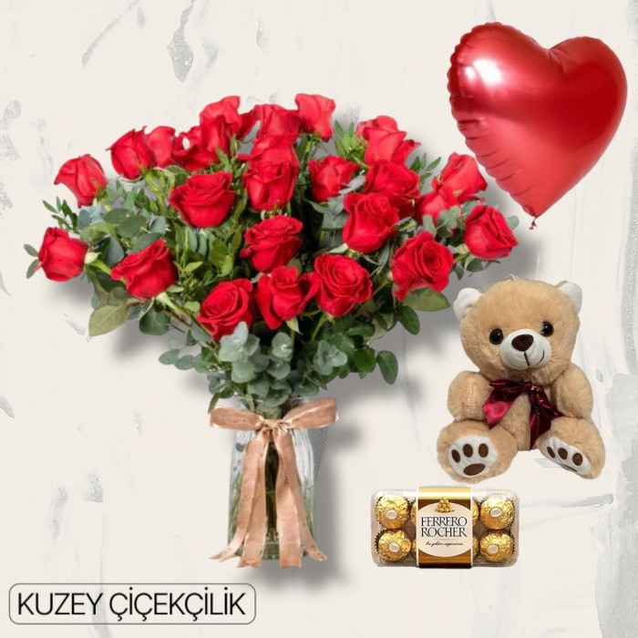 Vazoda 27 Kırmızı Gül Ayıcık 16lı Ferrero Çikolata Kalp Helyum Balon